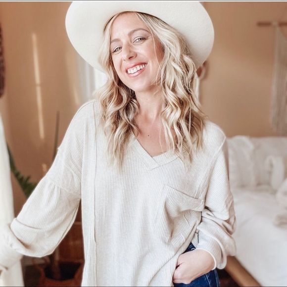 New Draping Ribbed Beige Bell Sleeve Henley Shirt Small - Picture 12 of 16